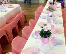 kids size trestle tables used for a kids fairy party table set up 