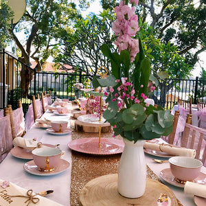 kids luxe high tea party set up with gold tiffany chairs