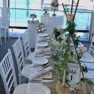 white tiffany chairs for an engagement set up